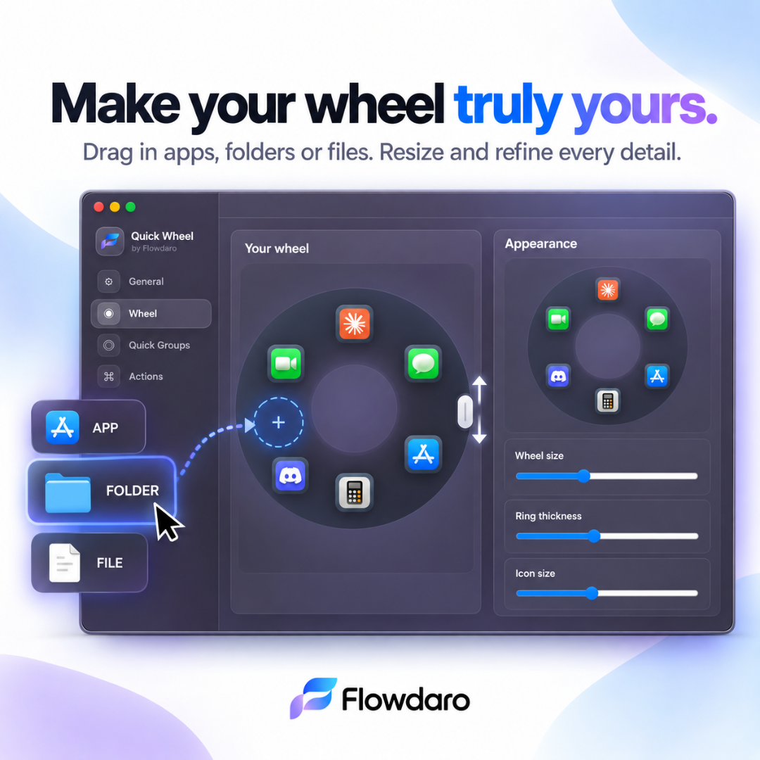 Quick Wheel editor showing apps arranged around the wheel