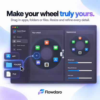 Quick Wheel editor showing apps arranged around the wheel